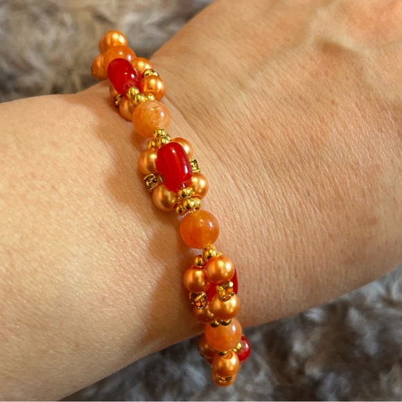 Hand Crafted Jewelry - Handcrafted elegant glam mango twist orange jade Czech glass pearl bracelet